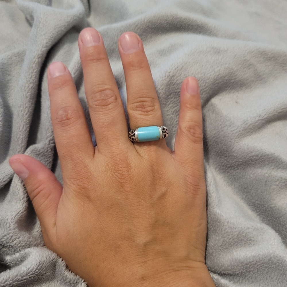 Sterling Silver 925 Scrolled Filligree Boho Ring with Turquoise Colored Inset - Picture 3 of 15